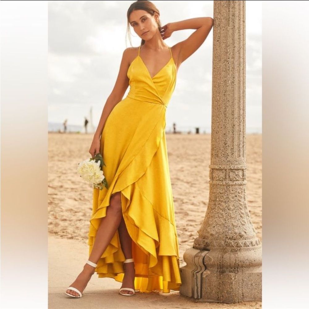 Lulus gold ruffle tie back satin dress medium